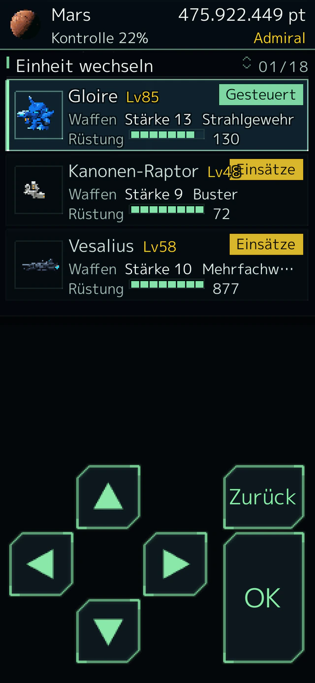 Die Staffelliste mit dem Level jedes Flügelmanns