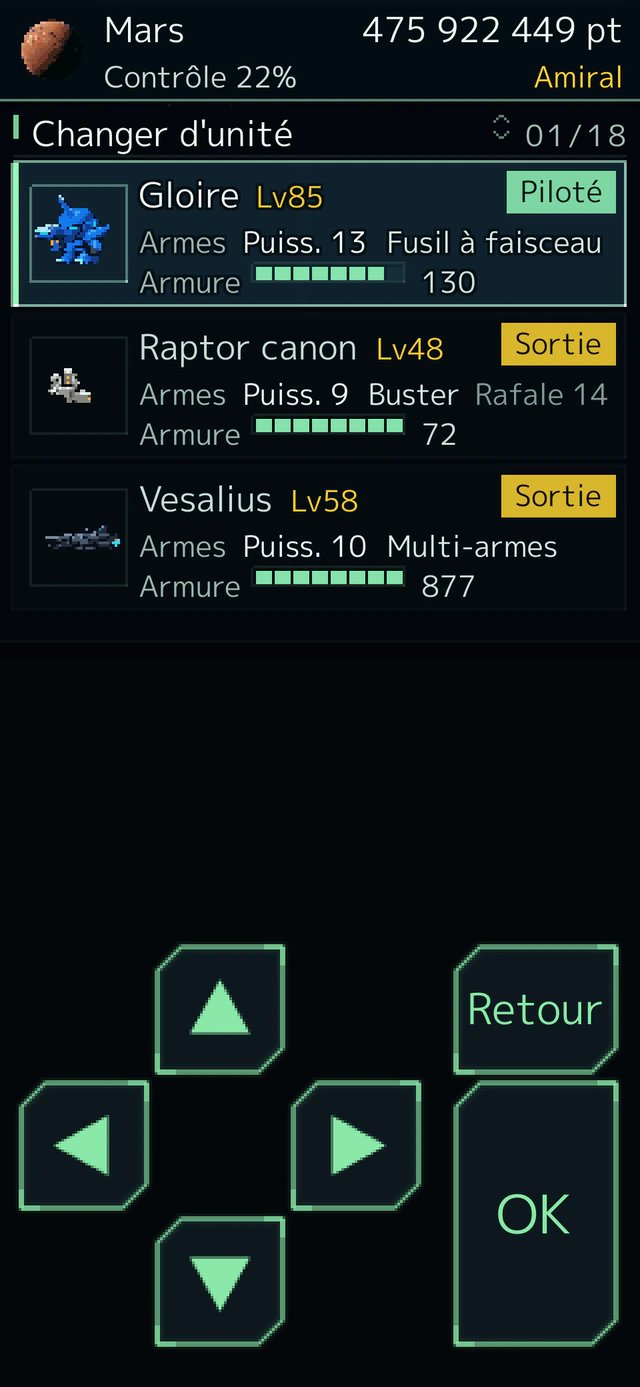La liste de l'escadrille avec le niveau de chaque équipier