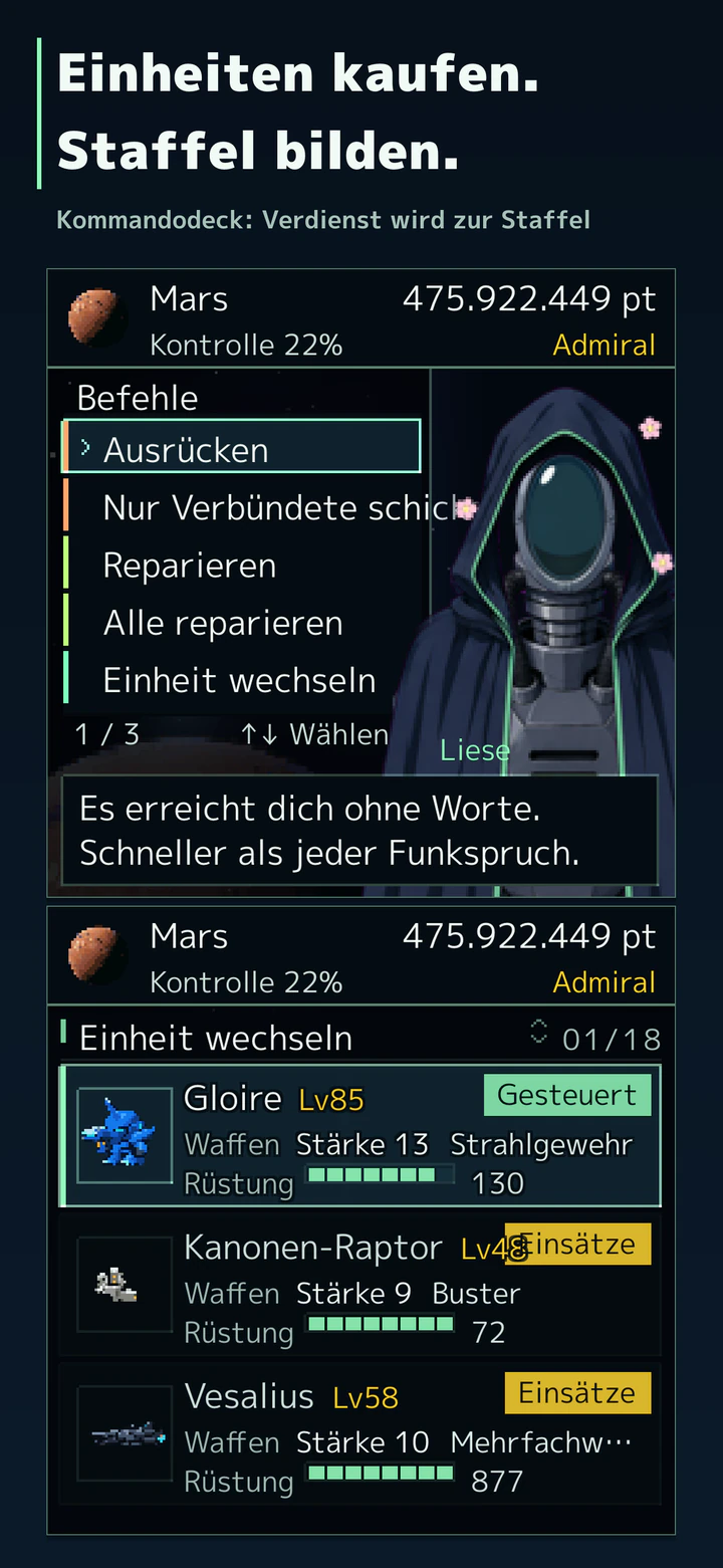 Einheiten kaufen. Staffel bilden. Kommandodeck: Verdienst wird zur Staffel