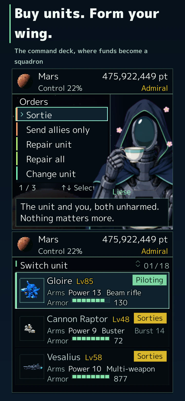 Buy units. Form your wing. The command deck, where funds become a squadron